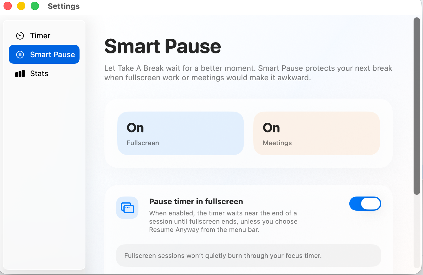 Take a Break Smart Pause settings.