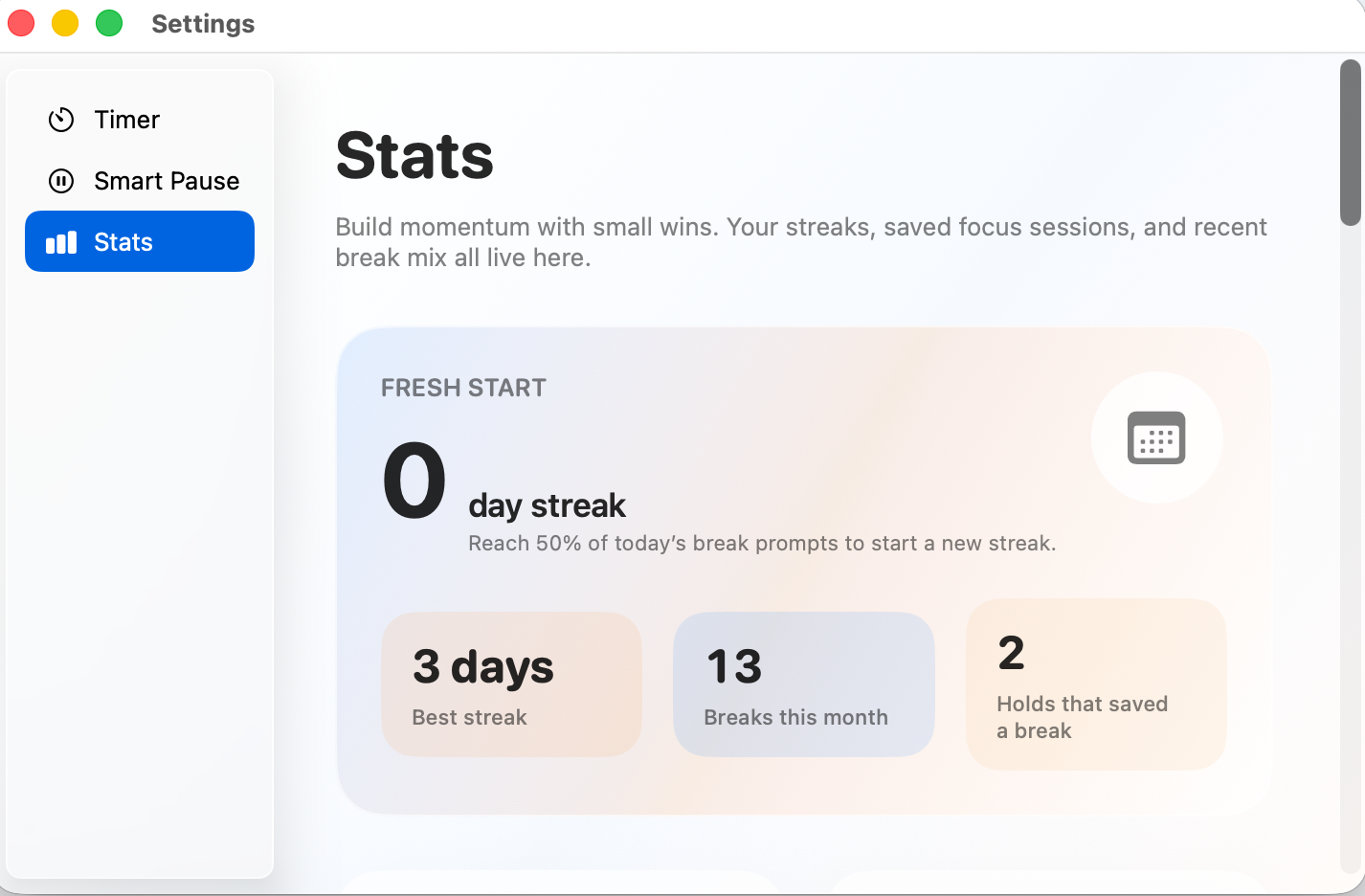 Take a Break stats screen.