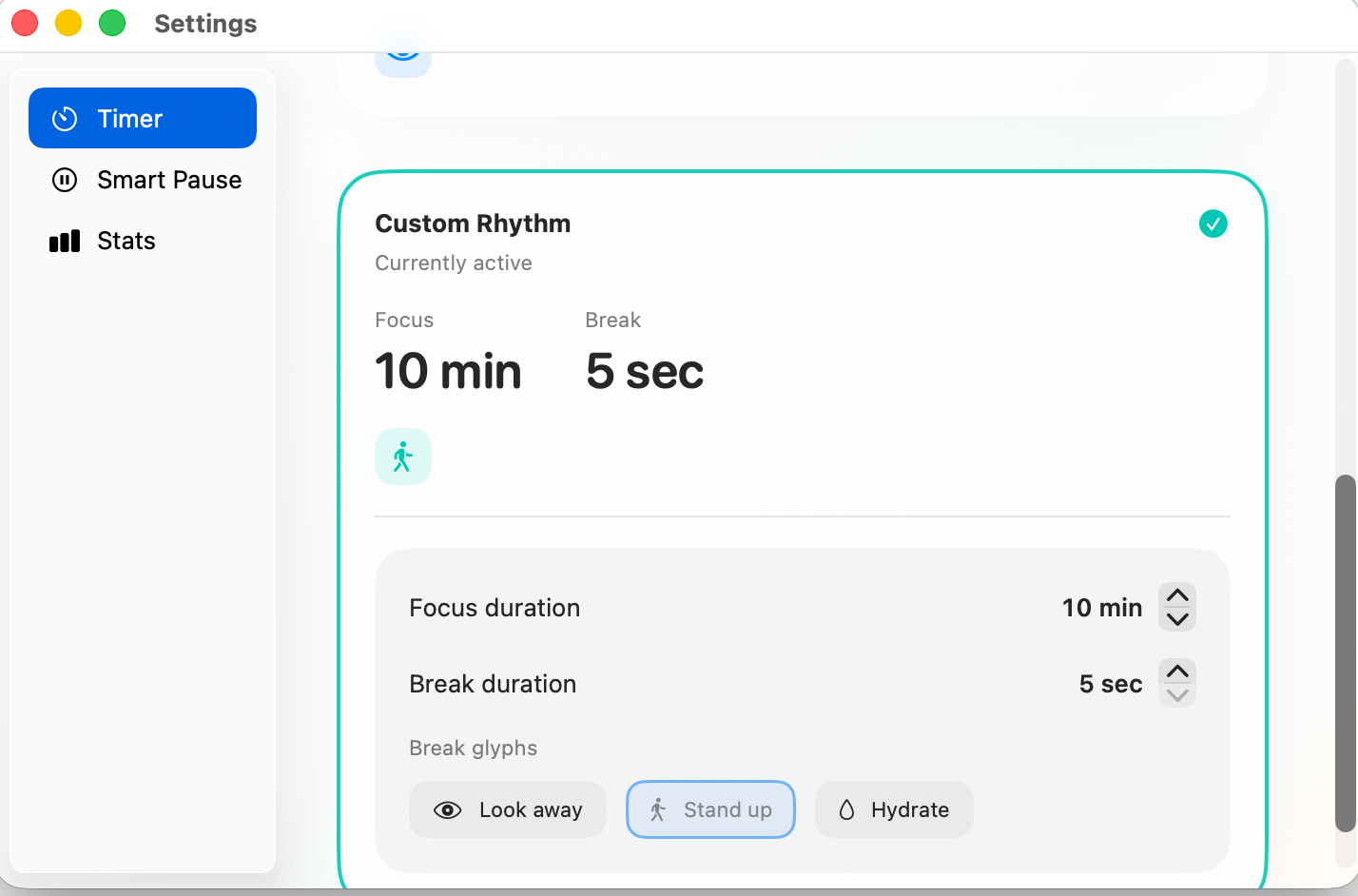 Take a Break timer popover showing menu bar integration.