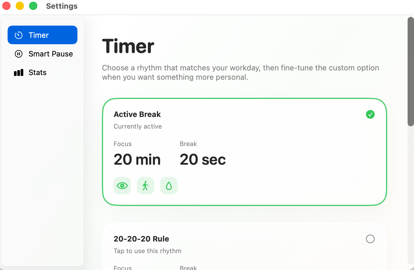 Take a Break — Timer settings showing active break rhythm.